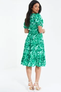 Green Floral Puff Sleeve Midi Dress -Claasyoo Shop 00100037561 XB