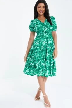 Green Floral Puff Sleeve Midi Dress -Claasyoo Shop 00100037561 XM