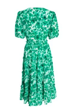 Green Floral Puff Sleeve Midi Dress -Claasyoo Shop 00100037561 ZB