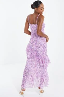 Lilac Chiffon Animal Print Midi Dress -Claasyoo Shop 00100037591 XB