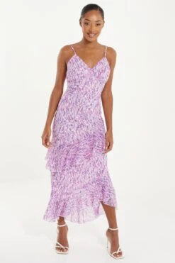 Lilac Chiffon Animal Print Midi Dress -Claasyoo Shop 00100037591 XM