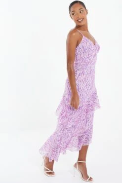 Lilac Chiffon Animal Print Midi Dress -Claasyoo Shop 00100037591 XS