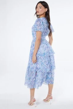 Blue Floral Tiered Wrap Midi Dress -Claasyoo Shop 00100037596 XB