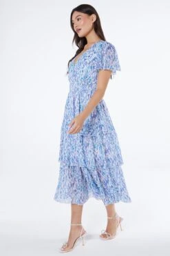 Blue Floral Tiered Wrap Midi Dress -Claasyoo Shop 00100037596 XS