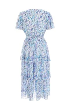 Blue Floral Tiered Wrap Midi Dress -Claasyoo Shop 00100037596 ZB