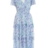 Blue Floral Tiered Wrap Midi Dress
