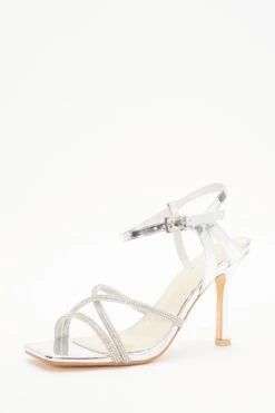 Wide Fit Silver Metallic Heeled Sandals -Claasyoo Shop 00100037651 XB