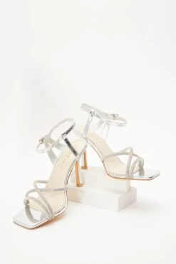 Wide Fit Silver Metallic Heeled Sandals -Claasyoo Shop 00100037651 XS