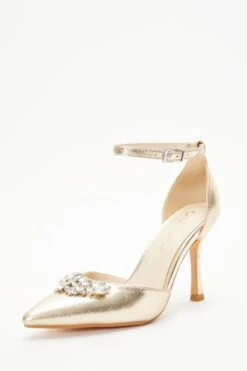 Wide Fit Gold Foil Diamante Court Heels -Claasyoo Shop 00100037674 XB