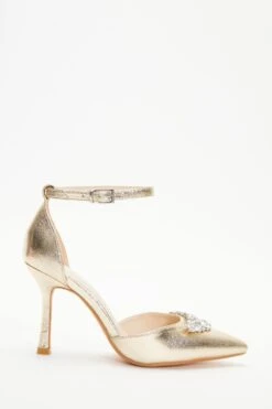 Wide Fit Gold Foil Diamante Court Heels -Claasyoo Shop 00100037674 XM