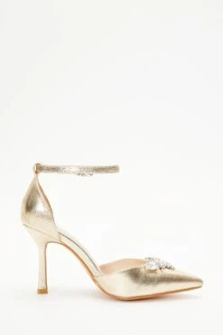 Wide Fit Gold Foil Diamante Court Heels -Claasyoo Shop 00100037674 ZS