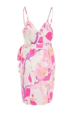 Pink Satin Marble Print Wrap Mini Dress -Claasyoo Shop 00100037700 ZB