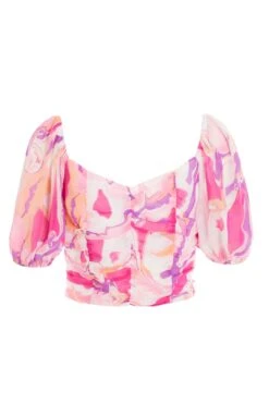 Pink Satin Marble Print Lace Up Crop Top -Claasyoo Shop 00100037703 ZB