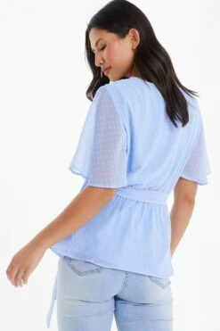 Blue Dobby Print Wrap Peplum Top -Claasyoo Shop 00100037766 XB