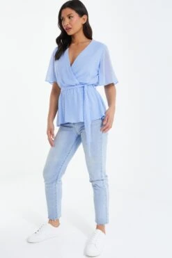 Blue Dobby Print Wrap Peplum Top -Claasyoo Shop 00100037766 XS