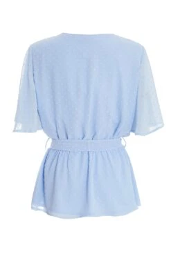 Blue Dobby Print Wrap Peplum Top -Claasyoo Shop 00100037766 ZB