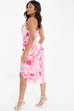 Petite Pink Satin Marble Print Wrap Midi Dress -Claasyoo Shop 00100037783 XB