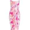 Petite Pink Satin Marble Print Wrap Midi Dress -Claasyoo Shop 00100037783 ZM