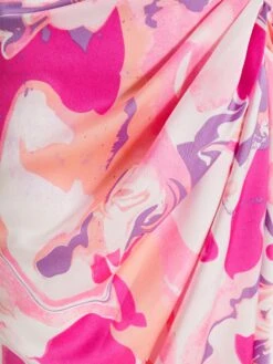 Petite Pink Satin Marble Print Wrap Midi Dress -Claasyoo Shop 00100037783 ZS