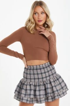Stone Check Print Ruched Frill Mini Skirt -Claasyoo Shop 00100037831 XM
