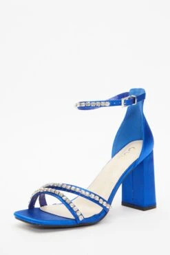 Wide Fit Blue Satin Block Heeled Sandals -Claasyoo Shop 00100037838 XB
