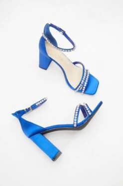 Wide Fit Blue Satin Block Heeled Sandals -Claasyoo Shop 00100037838 XS