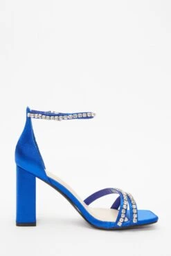 Wide Fit Blue Satin Block Heeled Sandals -Claasyoo Shop 00100037838 ZS