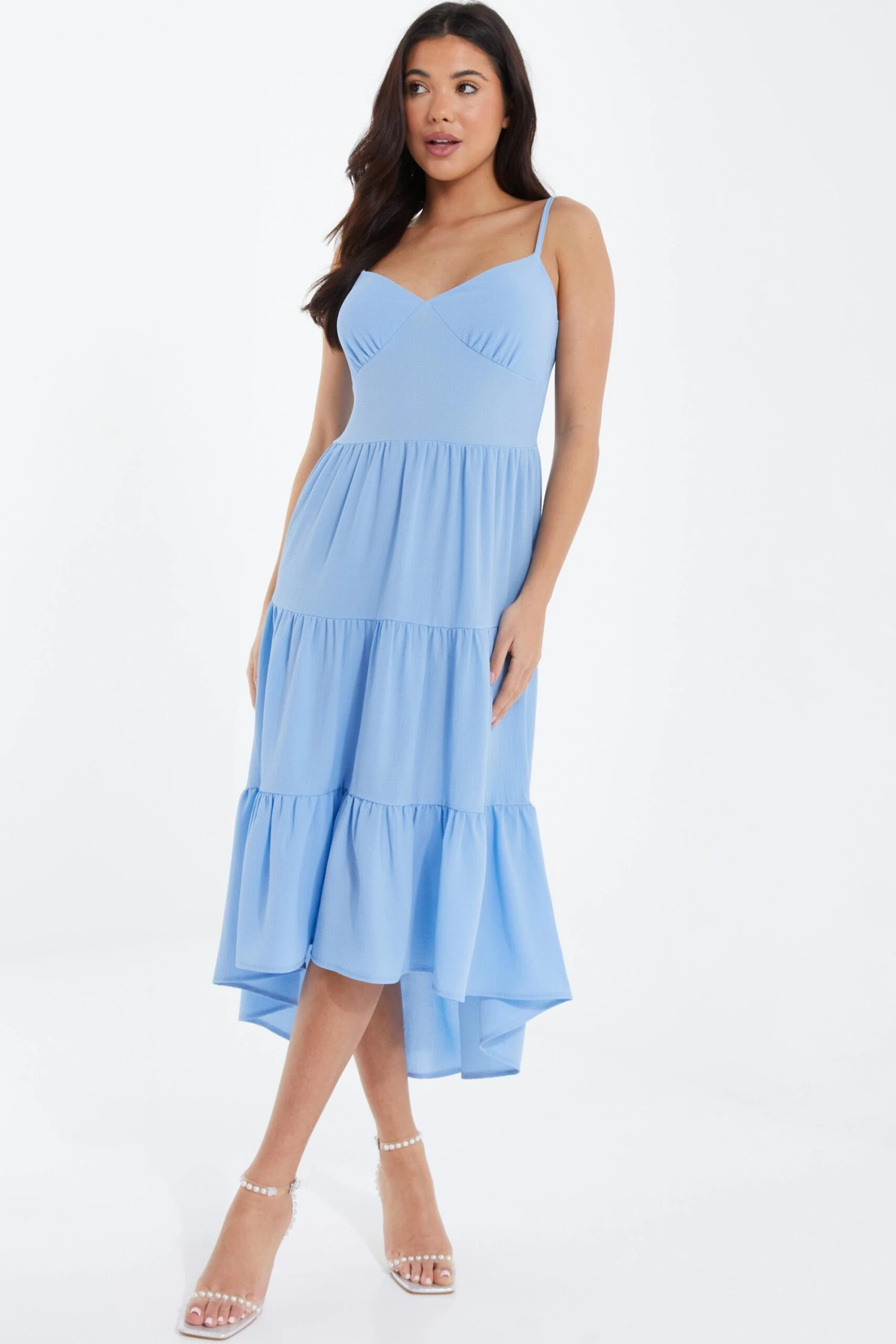 Light Blue Tiered Dip Hem Midi Dress 4 Light Blue Tiered Dip Hem Midi Dress - Image 2
