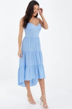 Light Blue Tiered Dip Hem Midi Dress 11 Light Blue Tiered Dip Hem Midi Dress -Claasyoo Shop 00100037839 XS