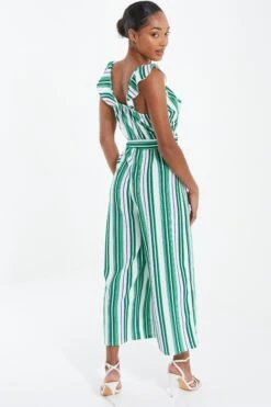 Green Striped Culotte Jumpsuit -Claasyoo Shop 00100037863 XB