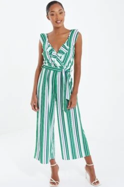 Green Striped Culotte Jumpsuit -Claasyoo Shop 00100037863 XM