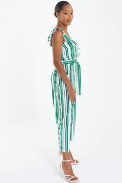 Green Striped Culotte Jumpsuit -Claasyoo Shop 00100037863 XS
