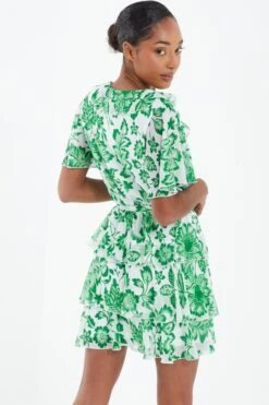Green Tropical Print Skater Dress -Claasyoo Shop 00100037910 XB