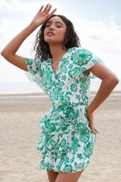 Green Tropical Print Skater Dress -Claasyoo Shop 00100037910 XS