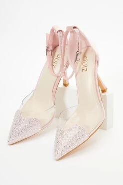 Pink Satin Diamante Heart Court Heels -Claasyoo Shop 00100037984 XM