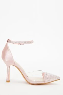 Pink Satin Diamante Heart Court Heels -Claasyoo Shop 00100037984 ZS