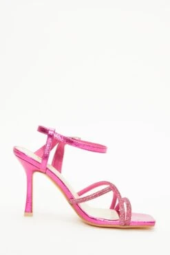 Pink Diamante Strappy Heeled Sandals -Claasyoo Shop 00100037985 ZS