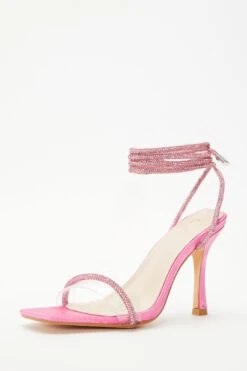 Pink Satin Clear Ankle Tie Heeled Sandals -Claasyoo Shop 00100038023 XB