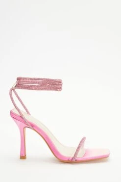 Pink Satin Clear Ankle Tie Heeled Sandals -Claasyoo Shop 00100038023 XM