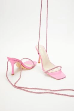 Pink Satin Clear Ankle Tie Heeled Sandals -Claasyoo Shop 00100038023 XS