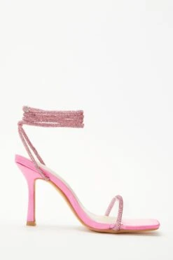 Pink Satin Clear Ankle Tie Heeled Sandals -Claasyoo Shop 00100038023 ZS