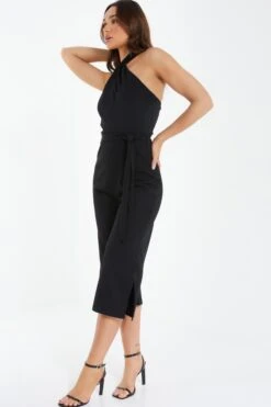 Black Halter Neck Culotte Jumpsuit -Claasyoo Shop 00100038082 XS