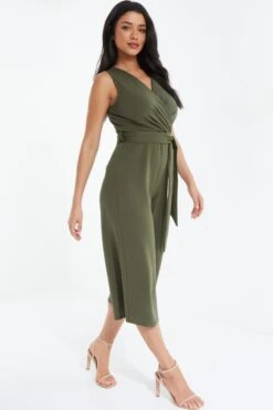 Khaki Wrap Culotte Jumpsuit 11 Khaki Wrap Culotte Jumpsuit -Claasyoo Shop 00100038090 XS