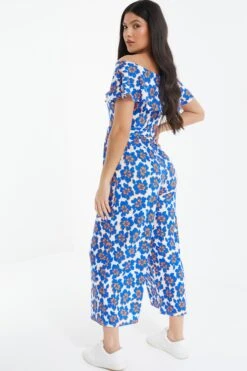 Royal Blue Floral Bardot Jumpsuit -Claasyoo Shop 00100038138 XB