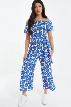 Royal Blue Floral Bardot Jumpsuit -Claasyoo Shop 00100038138 XS