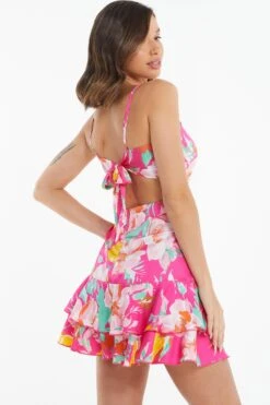 Pink Floral Flip Hem Skater Dress -Claasyoo Shop 00100038226 XB