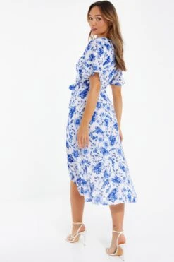White Floral Wrap Dip Hem Midi Dress -Claasyoo Shop 00100038245 XB