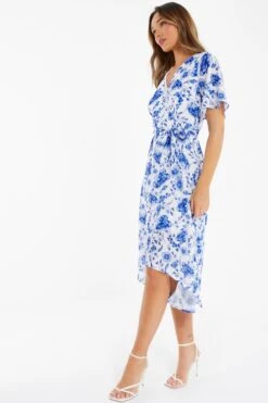 White Floral Wrap Dip Hem Midi Dress -Claasyoo Shop 00100038245 XS