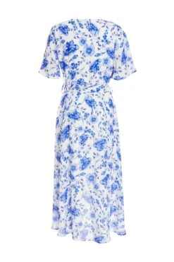 White Floral Wrap Dip Hem Midi Dress -Claasyoo Shop 00100038245 ZB