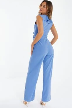 Pale Blue Frill Wrap Palazzo Jumpsuit -Claasyoo Shop 00100038300 XB